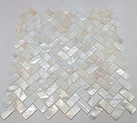 Wood Backsplash Bathroom, Kitchen Wood Backsplash, Shell Mosaic Tile, Herringbone Mosaic Tile, Shell Tiles, Tile For Kitchen, Pearl Oyster, Pearl Tile, Wood Backsplash