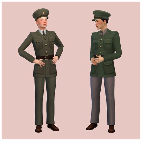 This is just a simple retexture of the Strangerville military officer uniform to be a more realistic midcentury design. It reuses a lot of the textures from my British Army Officer Uniform. This... Sims 4 Army Cc, Strangerville Cc, Mods Ts4, Cop Outfit, Cc The Sims 4, Officer Uniform, 1930s Men, Male Sims, Sims Challenge