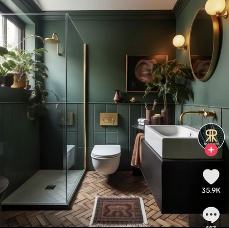 Green Small Bathrooms, Olive Green Bathrooms, Dark Green Bathrooms, Dark Bathroom Ideas, Green Tile Bathroom, Dark Bathrooms, Interior Design Per La Casa, Home Decor Aesthetic, Aesthetic Home Decor