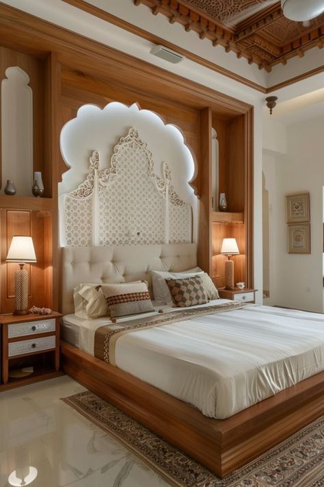 South Indian Bedroom Design, Maharaja Bed Design, Saher Khan, Bed Head Board, Indian Bedroom Design, Classic House Interior Design, Home Architecture Styles, Royal Decor, Bed Corner