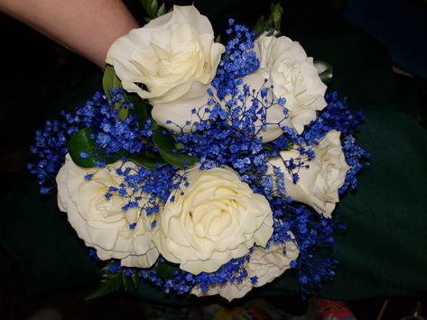 Hoco Boquets, Homecoming Bouquets, Blue Babies Breath, Royal Blue Bouquet, Blue Flowers Bouquet, Graduation Bouquet, Royal Blue Flowers, Formal Hairstyles For Long Hair, Small Centerpieces