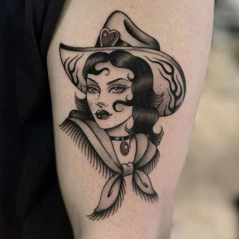 American Traditional Female Face Tattoo, Emo Cowgirl Tattoo, Gothic Western Tattoos, Cowgirl Head Tattoo, American Traditional Vampire Tattoo, Cowgirl American Traditional Tattoo, Pinup Tattoos For Women, American Traditional Cowgirl Tattoo, Traditional Girl Tattoo