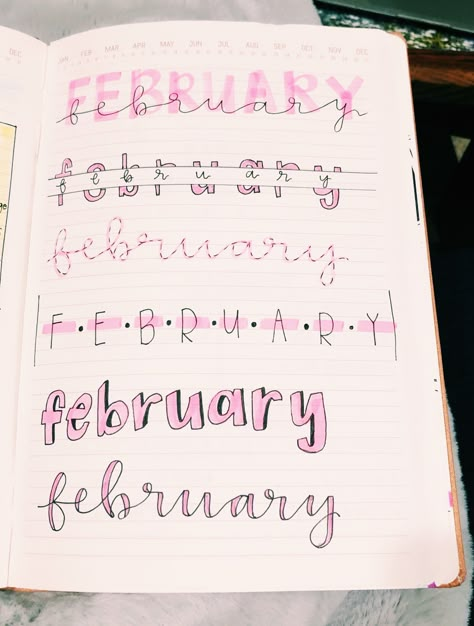 Hand lettering, fonts, calligraphy, February bullet journal February Calligraphy Hand Lettering, Month Hand Lettering, Bulett Journal Page Ideas February, February Whiteboard Ideas, February Hand Lettering, February Journal Page, February Bulletin Journal Ideas, February Font Hand Lettering, February Planner Ideas