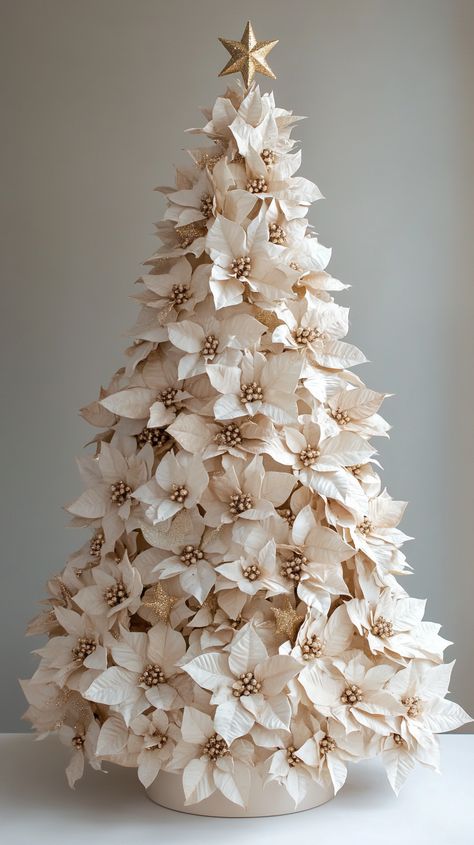 White and gold floral Christmas tree made of beige poinsettias, adorned with golden stars, on a neutral background. Christmas Tree Poinsettia Decorations, Poinsettia Decorations, Christmas Tree Poinsettia, Poinsettia Tree, Gold And White Christmas Tree, Gold Christmas Tree Ideas, Christmas Tree Designs, Poinsettia Decor, Gold And White Christmas