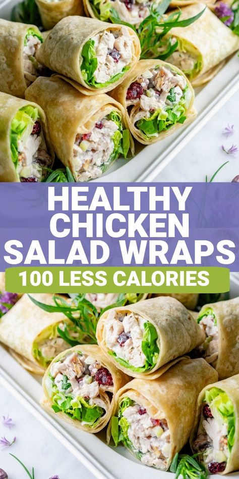 When you want a creamy satisfying chicken salad wrap, but you don't want the mayonnaise and calories, turn to these healthy Chicken Salad Wraps. They have 100 fewer calories and are made with good-for-you ingredients but still have a delicious taste! Healthy Chicken Sandwich Clean Eating, Chicken Salad Wrap Ideas, Chicken Salad Wraps Recipes, Wrap Ideas For Lunch Healthy, Healthy Wraps For Lunch Clean Eating, Chicken Salad Lunch Ideas, Chicken Salad Wrap Healthy, Healthy Chicken Wrap Recipes, Healthy Wrap Ideas