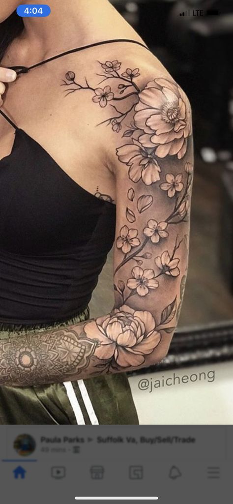 Badass Sleeve Tattoos, Cherry Blossom Tattoo Shoulder, Buddha Tattoo Sleeve, Tummy Tattoo, Left Arm Tattoos, Upper Back Tattoos, Half Sleeve Tattoos Drawings, Flower Tattoo Drawings, Stylish Tattoo