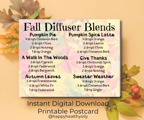 Essential Oil Postcard Fall Diffuser Blends Postcard - Etsy Fall Postcard, Fall Essential Oil Blends, Summer Diffuser Blends, Fall Essential Oils, Fall Diffuser Blends, Printable Postcards, Essential Oil Diffuser Blends Recipes, Essential Oil Diffuser Recipes, Oil Diffuser Recipes