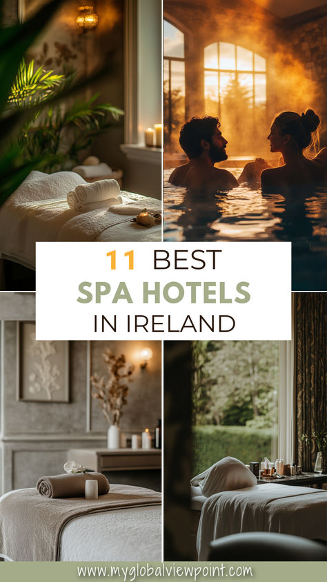 A serene collage of luxurious spa settings in Ireland, featuring cozy treatment rooms with soft lighting, elegant decor, and tranquil pools where guests can unwind, capturing the essence of relaxation and rejuvenation in the best Spa Hotels in Ireland. Girlfriend Trips, Spa Getaways, Spa Weekend, Stunning Landscapes, Best Spa, Small Hotel, Luxury Retreats, Wellness Spa, Luxury Spa