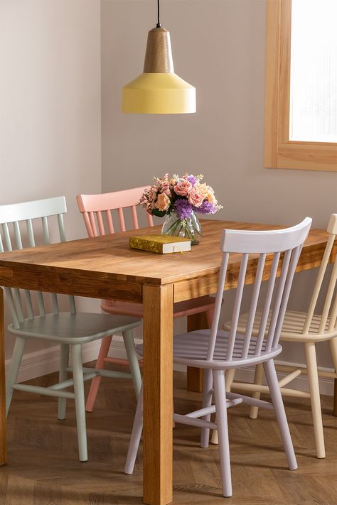 Pastel Home Decor, Cafe Ideas, Beautiful Dining Rooms, Wooden Dining Chairs, Salon Ideas, Wood Dining Chairs, Farmhouse Dining, Rectangular Dining Table, Kitchen Style