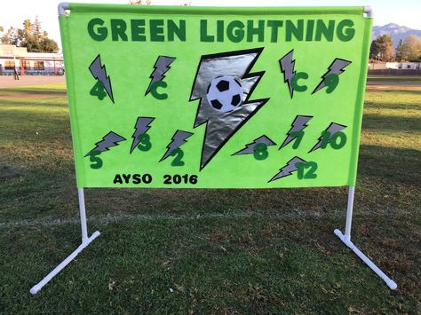 Soccer Team Banner- used felt material (except silver lightning bolt) held up with pvc tubing Soccer Team Banners, Kids Soccer Team, Sport Snacks, Soccer Banners, Team Banners, Sports Team Banners, Soccer Banner, Team Ideas, Snacks Ideas