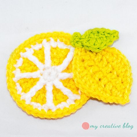 My Creative Blog - Lemon Appliques - Crochet Pattern Crochet Lemon, Penanda Buku, Crochet Garland, Crochet Fruit, Lemon Patterns, Crochet Food, Crochet Kitchen, Crochet Applique, Crochet Coasters