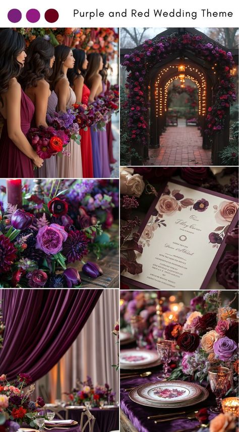 Purple and red wedding theme ideas for a bold, dramatic aesthetic. Bold Winter Wedding, Winter Wedding Romantic, Red And Purple Wedding Theme Color Schemes Bridesmaid Dresses, Red And Purple Wedding Dress, Purple And Red Wedding Flowers, Spring Purple Wedding, Purple Red Wedding Theme, Red Orange Wedding Theme, Purple Wedding Theme Color Combinations