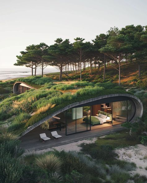 Prompt 👉a shell shaped biophilic cabin with camouflaged roof, built seamlessly into the dune landscape of portugal, in the style of naturalistic compositions, sustainable architecture, rectangular design, covered in vegetation, blends in with the surrounding nature, green roof, minimalist sets, fujifilm pro 👉 if Like, please Follow and Share AI Graphics Studio 👇Contact on WhatsAPP: http://tiny.cc/aigraphicsstudio #aigraphicsstudio #AI #DigitalMarketing #digitalartist #digitalart #digital #c... Modern House In The Forest, Camouflage House, Green Roof Architecture, Sustainable Architecture House, Underground Houses, Dune Landscape, Sustainable Home Design, Quonset Homes, Sustainable House Design