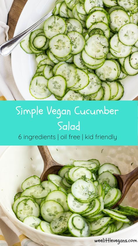 Refreshing and simple, this Vegan Cucumber Salad is a perfect side dish or healthy snack. Made with just 6 ingredients and kid approved. #vegan #glutenfree #healthy #oilfree #kidfriendly #sidedish Raw Vegan Cucumber Salad, Easy Simple Vegan Dinner, Raw Vegan Cucumber Recipes, Cucumber Vegan Recipes, Dairy Free Cucumber Salad, Vegan Cucumber Recipes, Vegan Side Dishes Easy, Simple Vegan Salad, Raw Vegan Lunch