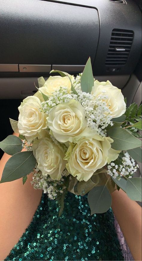 Green Dress Flower Bouquet, Green Boquet Prom, Green Prom Dress Bouquet, Flowers For Emerald Green Dress, Prom Flowers With Green Dress, Prom Flowers Bouquet Emerald Green Dress, Sage Prom Couple, Prom Bouquets For Blue Dress, Prom Flowers For Green Dress