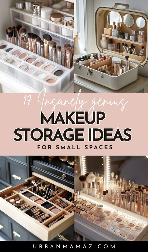 Makeup Storage Ideas for Small Spaces Makeup Brushes Storage Ideas, Best Makeup Organizer, Cosmetic Storage Ideas Small Spaces, Makeup Skincare Organization, Makeup Counter Organization, Make Up Organiser Ideas, Aesthetic Makeup Organization, Makeup Storage Ideas Bathroom, Counter Makeup Organization