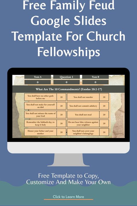 Free Template to Copy. Customize and make your own game. Features 10 New Testament Bible Questions for you to play in your small group (young adult, mens or women). Bible Family Feud, Family Feud Template, Church Fellowship, Make Your Own Game, Family Feud Game, New Testament Bible, Bible Questions, 3 Strikes, Game Google