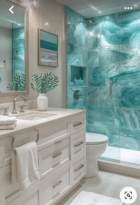 Showers Design Ideas, Teal Bathroom Ideas Colour Schemes, Coastal Walk In Shower Ideas, Beach Small Bathroom Ideas, Beach Bathroom Tile Ideas, Remodeling A Small Bathroom, Big Tiles In Shower, White And Light Blue Bathroom, Ocean Aesthetic Bathroom