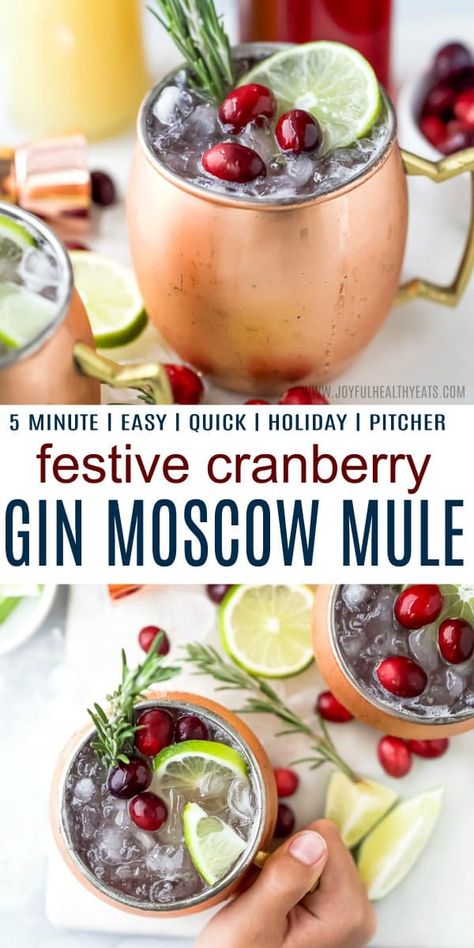 This Cranberry Gin Moscow Mule is the easiest holiday cocktail you'll ever make! Every satisfying sip is filled with mouth-watering flavors, from tart cranberry to warm ginger! #moscowmule #cranberrycocktail #gincocktail #joyfulhealthyeats #cocktailrecipes #easycocktailrecipes #bestcocktailrecipes #christmascocktails #holidaycocktails Cranberry Gingerale Cocktails, Gin Moscow Mule Recipe, Gin Moscow Mule, Gin Mule Recipe, Cranberry Moscow Mule Recipe, Cranberry Moscow Mule, Drinks Nonalcoholic, Easy Holiday Cocktails, Christmas Cocktails Easy