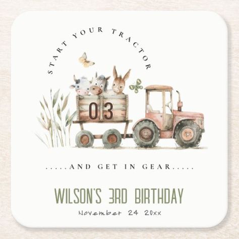 $1.65 | Red Rust Farm Animals Tractor Kids Birthday #tractor, farm, trucks, birthday, boys, modern elegant, minimal simple, green blue red orange rust, watercolor farm animals, cute cow horse donkey butterfly Watercolor Farm Animals, Birthday Paper Plates, Birthday Paper, Farm Trucks, Paper Coaster, Square Paper, Birthday Design, Cute Cows, Kids Gifts