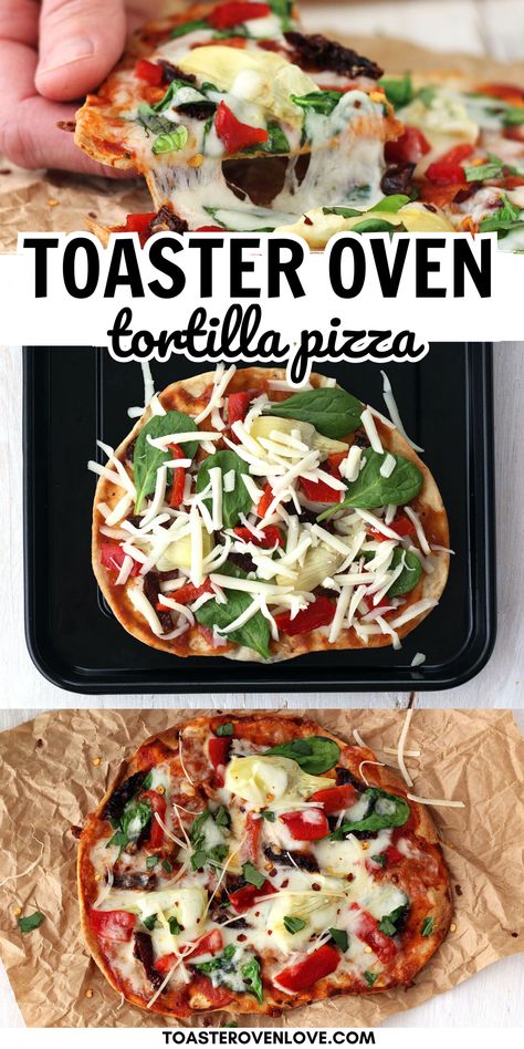 Hand holding slice of pizza, topped tortilla on a pan, and baked veggie pizza with fresh basil. Veggie Tortilla, Tortilla Pizzas, Cheesy Quesadilla, Personal Pizzas, Top Flour, Gf Pizza, Toaster Oven Recipes, Oven Meals, Quick Pizza