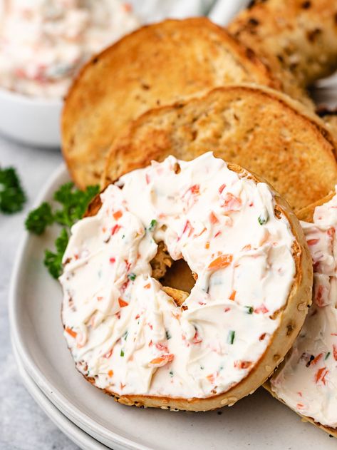 Vegetable Cream Cheese Recipe, Veggie Cream Cheese Recipe, Garden Vegetable Cream Cheese, Vegetable Cream Cheese, Veggie Cream Cheese, Bagel Spread, Cream Cheese Recipe, Red Bell Peppers, Cream Cheese Spreads