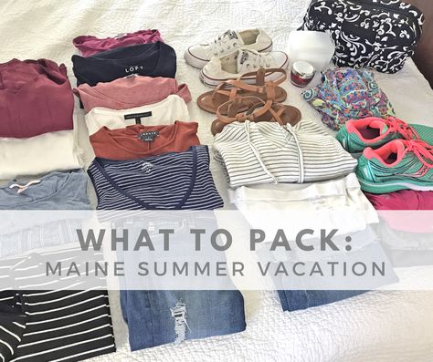 Today I'm sharing my much-anticipated (haha!) Maine summer vacation packing post. I always feel like a fraud when I create packing posts because I am probably the world's worst over-packer. But hey! I always have all the options I need. In fact, when I do try to pack light and leave some things behind, I always regret it. So anyway, for what they're worth, here are my best Maine vacation packing tips as well as what I packed for this particular trip. Travel Outfit Summer Road Trips, Summer Vacation Packing, Summer Road Trips, Maine Summer, Summer Vacation Style, Maine Vacation, Maine Travel, Road Trip Packing, Lake Vacation