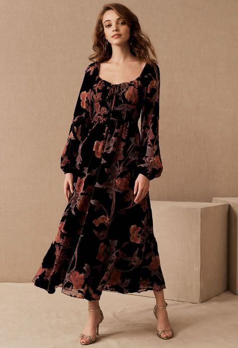 31 Fall Wedding Guest Dresses We Love - Green Wedding Shoes Long Sleeve Smocked Midi Dress, Floral Velvet Dress, Wedding Guest Outfit Winter, Wedding Guest Outfit Fall, Winter Wedding Guests, Fall Wedding Guest, Fall Wedding Guest Dress, Burnout Velvet, Boho Midi Dress