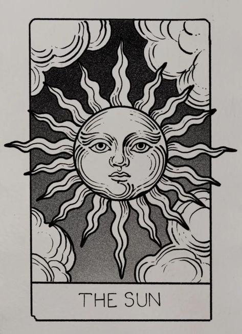 Trippy Sun Tattoo, Tarot Tattoo Simple, The Sun Tarot Tattoo, Tarot Doodles, Tarot Card Sketch, Sun Tarot Card Tattoo, Sun And Moon Drawing, Sun And Moon Tarot, Sun Tarot Card