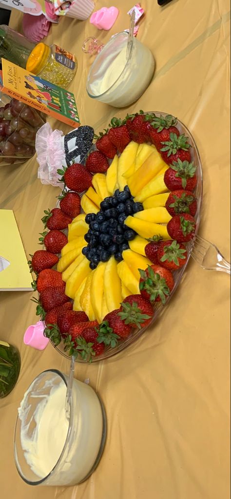 Blueberry, mango, and strawberries with cream cheese dip on the side. Strawberries With Cream, Blueberry Mango, Meat And Cheese Tray, Sunflower Baby Shower, Cream Cheese Dip, Ladybug Baby Shower, Sunflower Baby Showers, Cream Cheese Dips, Cheese Tray