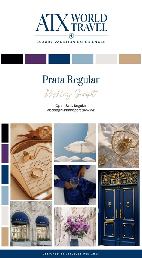 Shannon, the founder of ATX World Travel, wanted a brand that exuded sophistication and luxury while remaining approachable. To achieve this aesthetic, we chose a color palette consisting of shades of blue, purple, gold & neutrals. The use of blue tones creates approachability for the brand, while gold adds a touch of luxury. The neutral shades in this palette range from black to light cream, creating a balanced & classic look. We incorporated purple to give the brand an air of sophistication. Travel Aesthetic Color Palette, Navy Branding Color Palette, Luxury Blue Color Palette, Purple White Gold Color Palette, Luxury Brand Colour Palette, Luxury Purple Color Palette, Purple And Gold Palette, Blue Branding Color Palette, Light Blue Branding Design