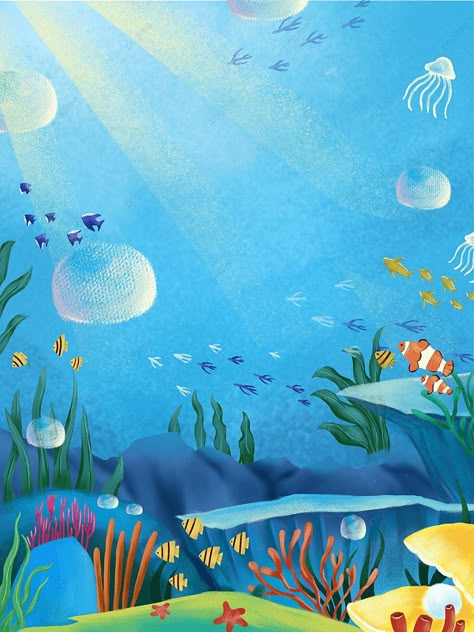 Wallpaper Backgrounds Sea Ocean, Sea World Wallpaper, Background Ocean Aesthetic, Ocean Cartoon Wallpaper, Sea Background Drawing, Sea Background For Editing, Sea Cartoon Background, Ocean Background Drawing, Under Sea Drawing