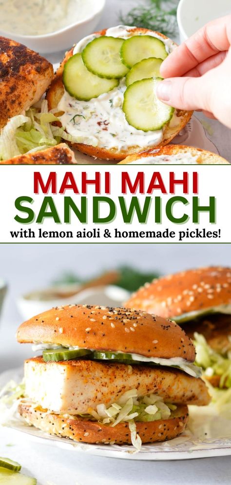 mahi mahi sandwich with pickles and lemon aioli Mahi Burger Toppings, Blackened Mahi Mahi Sandwich, Healthy Fish Sandwich, Mahi Mahi Burger Trader Joes, Blackened Fish Sandwich, Healthy Fish Sandwich Recipes, Mahi Mahi Sandwich Recipes, Tilapia Sandwich Recipes, Grilled Fish Sandwich Recipes