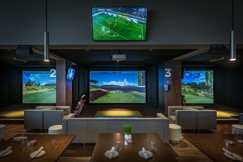 Simulator Room, Home Golf Simulator, Golf Bar, Indoor Golf Simulator, Golf Simulator Room, Golf Clubhouse, Golf Room, Indoor Golf, Golf Simulator