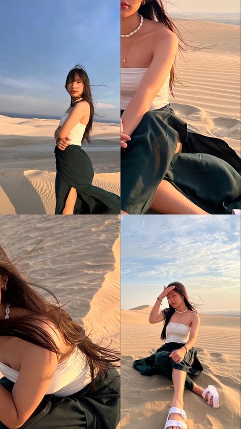 Girl on the sand. Girl aesthetic clothes. Girl white bandeau. Hot girl summer. Summer. Beach photo ideas. Desert Safari. Summer photo ideas. Summer girl. Summer IT girl. Summer aesthetic. Asian Influencer. Filipino Summer. Middle East. Qatar Sand Dunes. Aesthetic summer girl. minimalist summer outfits. summer outfit ideas. aesthetic summer outfit. instagram story photo ideas. instagram summer. clean girl summer. instagram photo ideas. pinterest summer girl. summer aesthetic. IG story. instagram. Jaisalmer Outfit Ideas, Summer Story Ideas, Rajasthan Outfits, Dunes Outfit, Tube Top Outfit Aesthetic, White Tube Top Outfit, Sand Dunes Outfit, Qatar Aesthetic, Vietnam Outfit