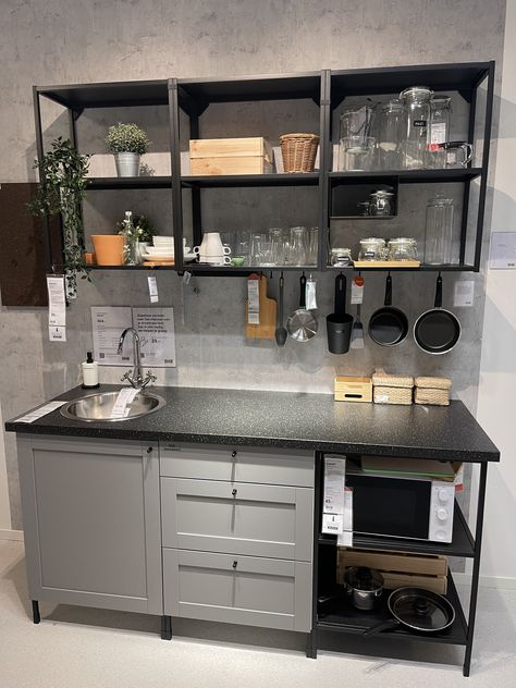 Industrial Country Kitchen, Enhet Ikea Ideas, Micro Kitchen Ideas, Ikea Enhet Kitchen, Ikea Mini Kitchen, Ikea Small Kitchen, Small Commercial Kitchen, Micro Kitchen, Ikea Kitchen Island