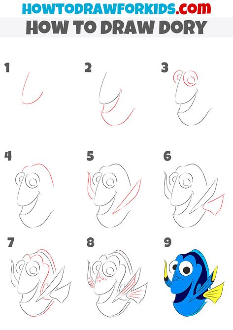 how to draw Dory step by step How To Draw Nemo Step By Step, Disney Doodles Simple Step By Step, How To Draw Dory Step By Step, How To Draw Finding Nemo Characters, Disney Doodles Step By Step, Disney How To Draw, Drawing Ideas Easy Step By Step Disney Cartoon Characters, Disney Drawing Tutorial Step By Step, Dory Drawing Easy