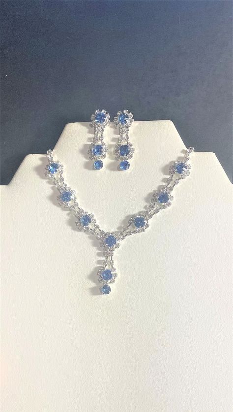 "Bridal Sparkling Blue Crystal Rhinestone Necklace & Drop Earrings Set , Silver , Wedding , Bridal jewelry set , Bridesmaid Jewelry Beautiful Necklace is 14 \" Long + 5 3/4 \" extension . Matching Earrings are 1 1/4 \" Long. Please ask question as I do not accept returns! Thank You!" Quinceanera Jewelry, Blue Jewelry Set, Prom Necklaces, Drop Jewelry, Princess Jewelry, Expensive Jewelry Luxury, Bridal Jewelry Set, Crystal Jewelry Sets, Prom Jewelry