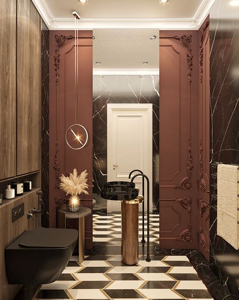 Guest Bathroom on Behance Neo Classical Bathroom Design, Classic Guest Bathroom, Neoclassical Bathroom, Hotel Room Bathroom, Neoclassic Interior, Small Toilet Room, Washbasin Design, Bathroom Inspiration Modern, Washroom Design