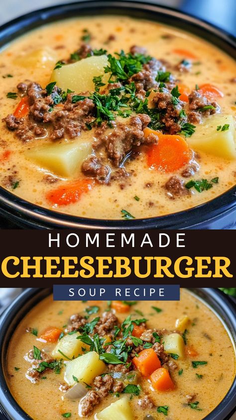 Soup Favorites: Homemade Cheeseburger Soup Recipe Easy Soup Ground Beef, Cheeseburger Soup Without Velveeta, Easy Beef Soup Recipes, Soup Made With Ground Beef, Soups Made With Ground Beef, Cheeseburger Soup Healthy, Hamburger Meat Soup Recipes, Soup Recipes With Beef, Ground Beef Soup Recipes Easy