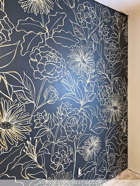 Mural On Bathroom Wall, Painted Mural Accent Wall, Navy Wall Mural, Flower Accent Wall Bedroom, Diy Flower Wall Mural, Flower Stencil Wall Paint, Painting Flowers On Walls Diy, Floral Accent Wall Bedroom, Mural Wall Art Bedrooms