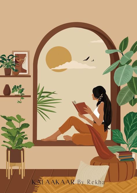 Modern Indian Woman Reading Book Art, Desi Art, Book Lovers Art, South Asian Art, Indian Art, Boho Boho Art Woman, Women Mural Wall Art, Book Reading Illustration Art, Book Lovers Illustration, South Indian Art Paintings, South Asian Art Modern, Boho Woman Painting, Indian Home Illustration, Aesthetic Desi Drawings