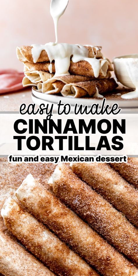 A quick and easy Mexican dessert recipe starts with a flour tortilla. Warm it up with some butter and sprinkle of sweet cinnamon sugar. Drizzle with some cream cheese glaze, fudge, or cajeta. These little treats will please the entire family! So much easier than a churro and just as tasty! Cinnamon Tortillas Baked, Breakfast Idea With Tortilla, Easy Recipes Using Tortillas, Desserts To Make With Tortillas, Things To Do With Flour Tortillas, Flour Tortilla Cinnamon Sugar Chips, Flour Tortillas Dessert Recipes, Recipes For Flour Tortillas, Tortilla Wrap Recipes Desserts