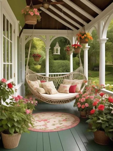 Hammock Porch Ideas, Porch Hammock Ideas, Cottage Core Porch, Porch Reading Nook, House Porch Ideas, Porch Hammock, Cozy Outdoor Patio, Quaint Decor, Garden Veranda