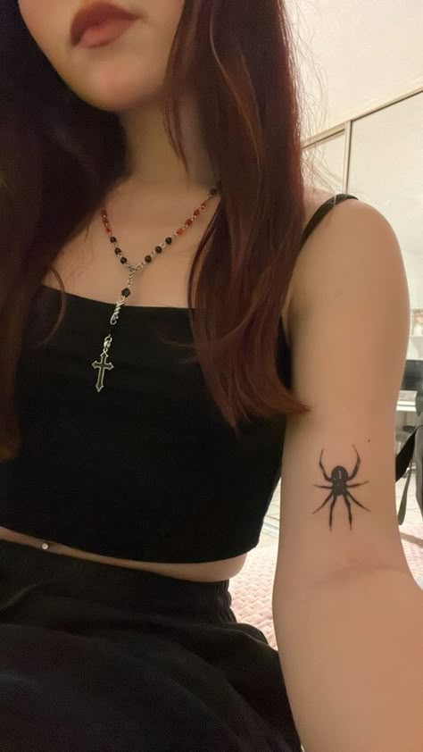 Rate This Tattoo ideas From ⭐1~10. SAVE & FOLLOW i will update everyweek. Mini Grunge Tattoos, Spider On Arm Tattoo, Small Spider Tattoo Ideas, Spider Arm Tattoo Women, Spider Tattoo Arm Women, Spider Tattoo On Wrist, Spider Matching Tattoos, Spider Tattoo On Waist, Grunge Small Tattoos