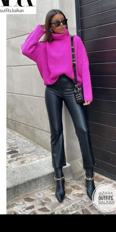 Leather Top Outfit, Eurotrip Outfits, Pink Sweater Outfit, Outfit Botas, Ny Outfits, Winter Sweater Outfits, Pullovers Outfit, Casual Blazer Women, Outfit Mujer