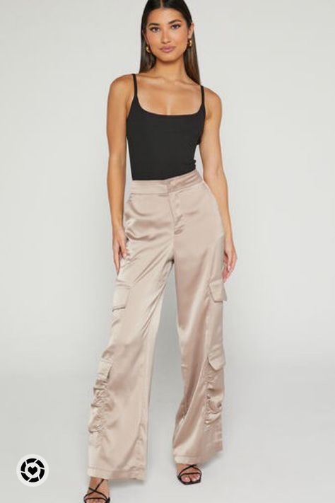 Satin Cargo Pants Outfit, Baddie Wardrobe, Satin Pants Outfit, Trip Fits, Satin Cargo Pants, Cargo Pants Color, Cargo Pants Outfit, Versatile Pants, Satin Trousers