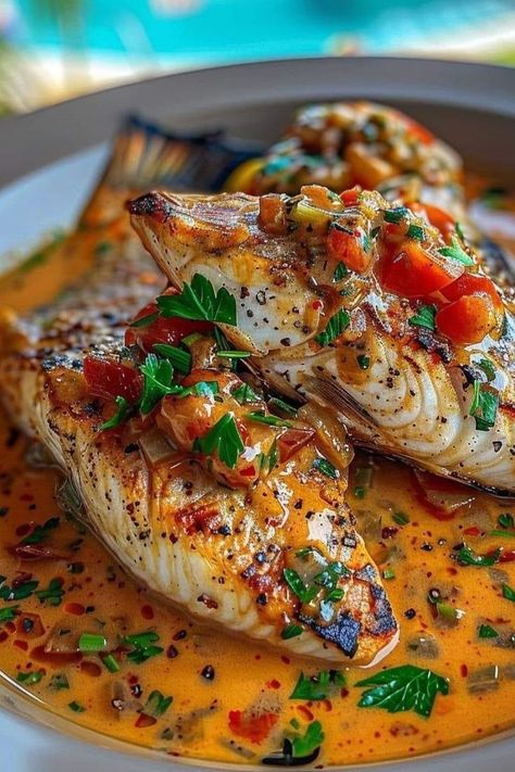 Red snapper fillet served with a creamy Creole sauce, showcasing a delicious and flavorful seafood dish. Snapper Recipes, Creole Sauce, Night Recipes, Fish Dinner Recipes, Fish Fillets, Fish Recipes Healthy, Red Snapper, Fish Dinner, Two Fish