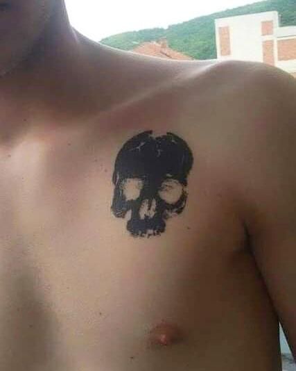 Small Skull Tattoo Mens Emo Tattoos, Y2k Skull Tattoo, Skull Belly Tattoo, Shaded Skull Tattoo, Stick And Poke Tattoo Men, Emo Tattoos For Guys, Front Chest Tattoo, Tattoo Designs Men Chest, Skull Tattoo Shoulder