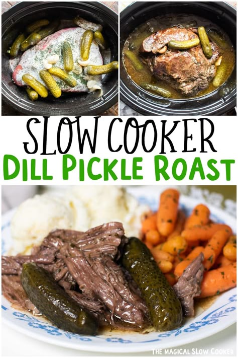 Dill Pickle Pot Roast is a wonderfully tender roast flavored with dill, ranch,, and garlic flavor. The dill flavor is very subtle and great with mashed potatoes or rice. - The Magical Slow Cooker Dill Pot Roast, Mississippi Pot Roast With Pickles, Dill Pickle Beef Roast, Dill Pickle Pot Roast Crockpot, Dill Pickle Roast, Pot Roast Sides, Dill Pickle Pot Roast, Pickle Roast, Pickle Pot Roast